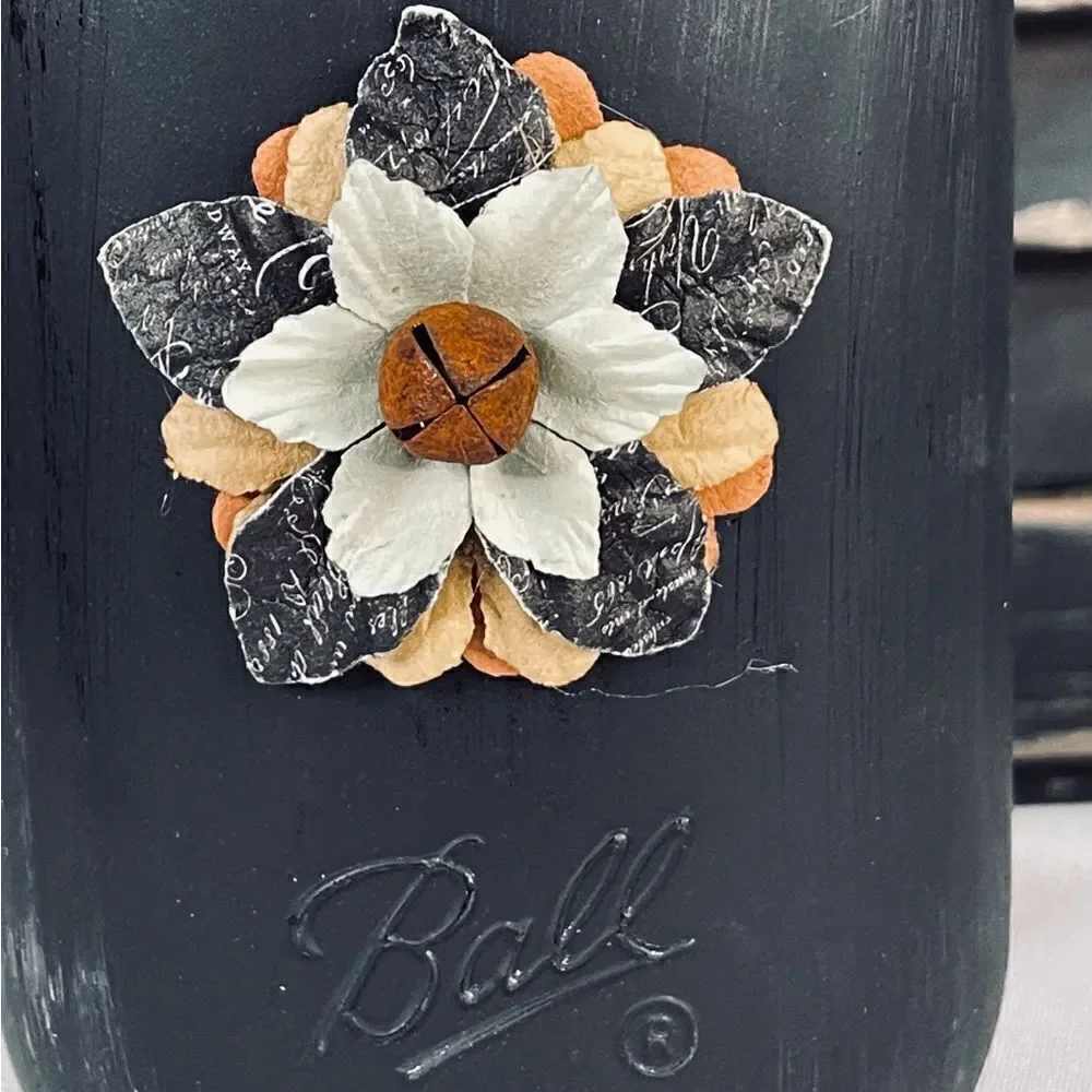 Hand-Painted Matte Black Quart Mason Jar with Chevron Burlap Ribbon & 3D Flowers
